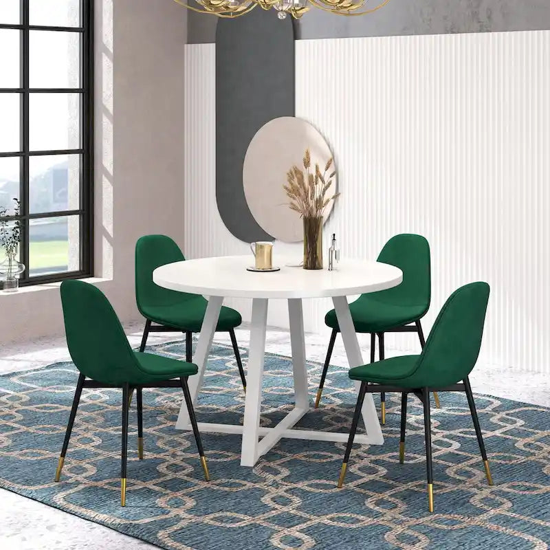 Ensemble de salle à manger rond 5 pièces en velours gris/bleu/vert/rose pour 4, piètement tréteau