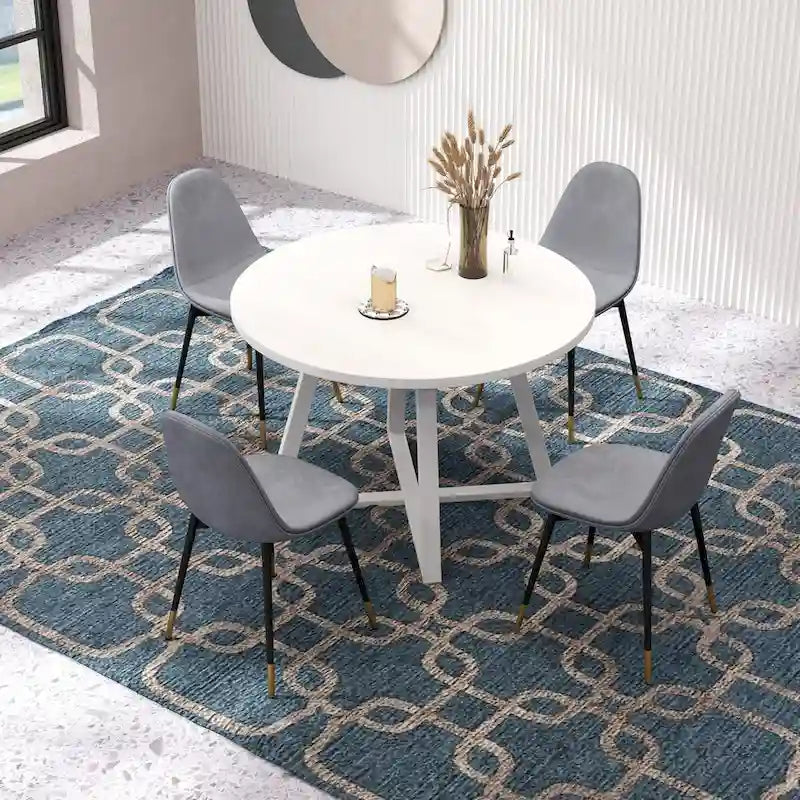 Ensemble de salle à manger rond 5 pièces en velours gris/bleu/vert/rose pour 4, piètement tréteau