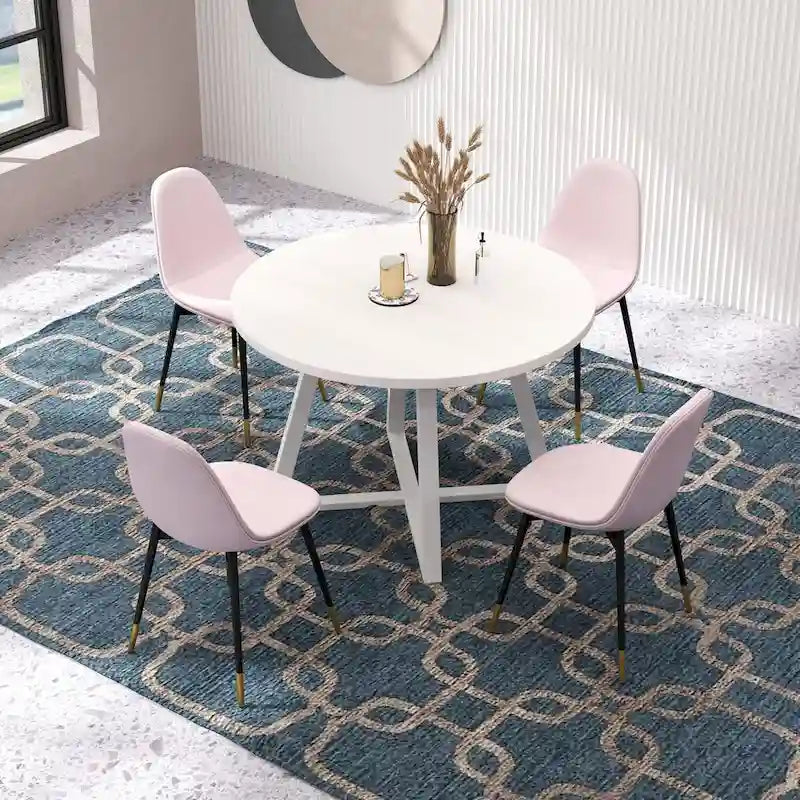 Ensemble de salle à manger rond 5 pièces en velours gris/bleu/vert/rose pour 4, piètement tréteau