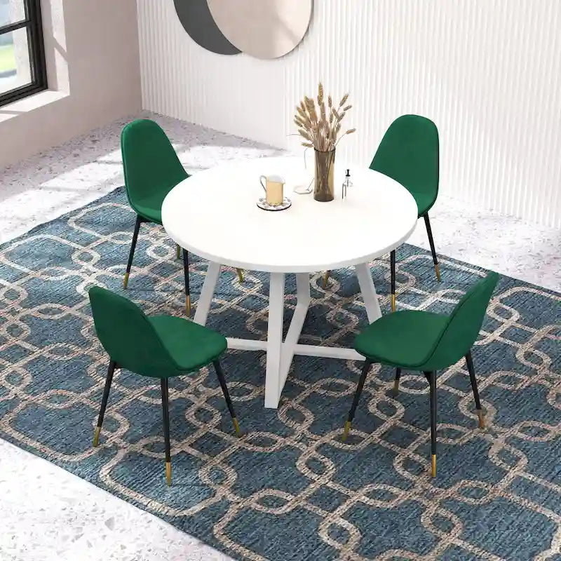 Ensemble de salle à manger rond 5 pièces en velours gris/bleu/vert/rose pour 4, piètement tréteau